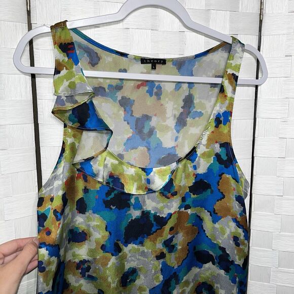 Theory Womens Silk Sleeveless Blouse Size Large Abstract Watercolor Ruffle Tank - Picture 10 of 12